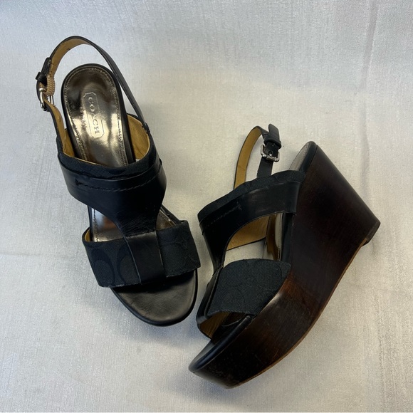 Coach 6 B Black Leather Signature Jacquard Platform Wedge Heels Sandal Campbell - Picture 10 of 10